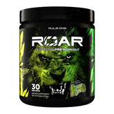A black container of Rule One R1 Roar Ferocious Pre-Workout 30 Servings features a green lion face, lemon-lime flavor, and a net weight of 9.5 oz (270 g)—ideal for enhancing workout intensity.